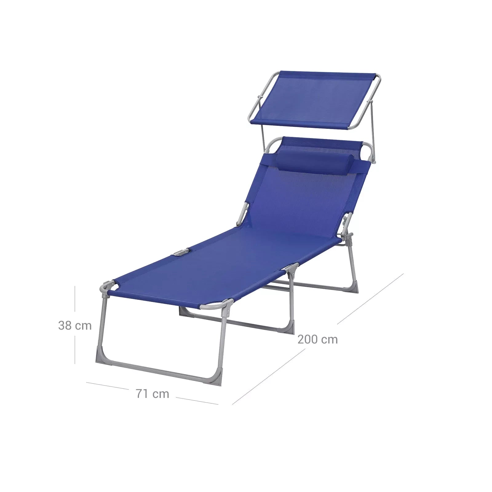 In And OutdoorMatch Ligstoel Danika - Zonnebed - Met zonnescherm - Ligbed tuin - Blauw - Loungebank - 200x71x38cm Lounge stoel