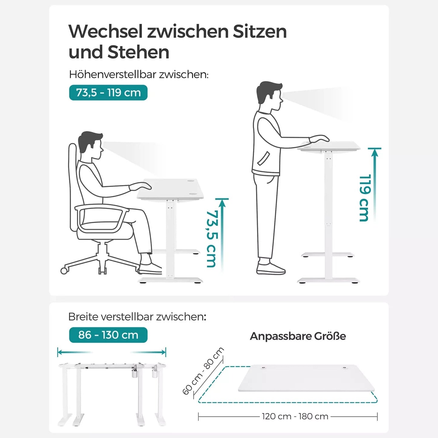 In And OutdoorMatch Luxe Elektrisch Bureau Milford - Zit-sta bureau - Wit - Memory functie met 3 hoogtes - In hoogte verstelbaar 71-117cm - 80kg draagvermogen - 60x120cm Desk