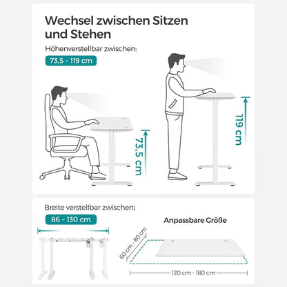 In And OutdoorMatch Luxe Elektrisch Bureau Milford - Zit-sta bureau - Wit - Memory functie met 3 hoogtes - In hoogte verstelbaar 71-117cm - 80kg draagvermogen - 60x120cm Desk