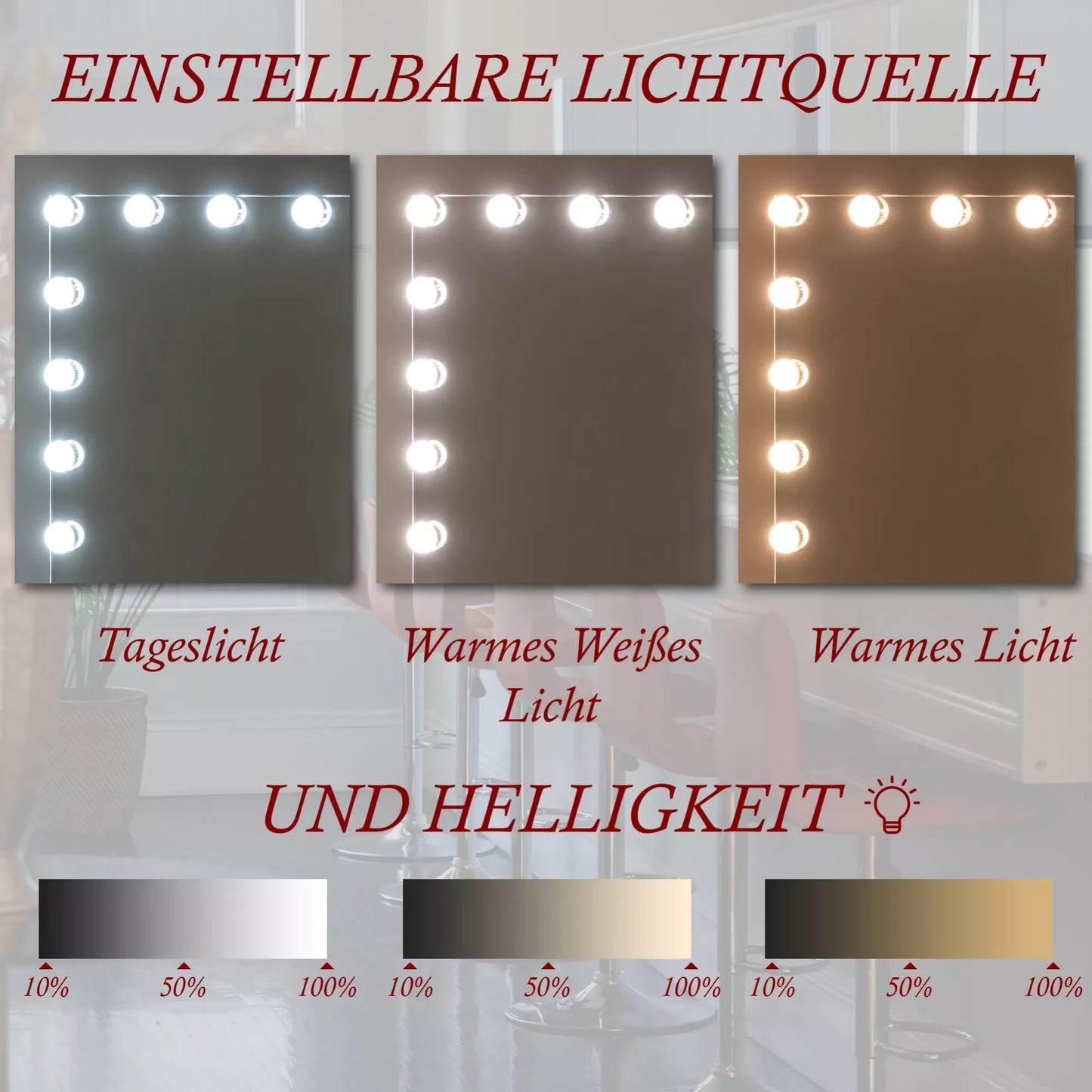 In And OutdoorMatch Make Up Spiegel Johnnie - Met LED verlichting - 36x30cm - Zonder Rand - Lichtdimmer - Energiebesparend - Hollywood Spiegel - Optimale Verlichting Muur spiegel