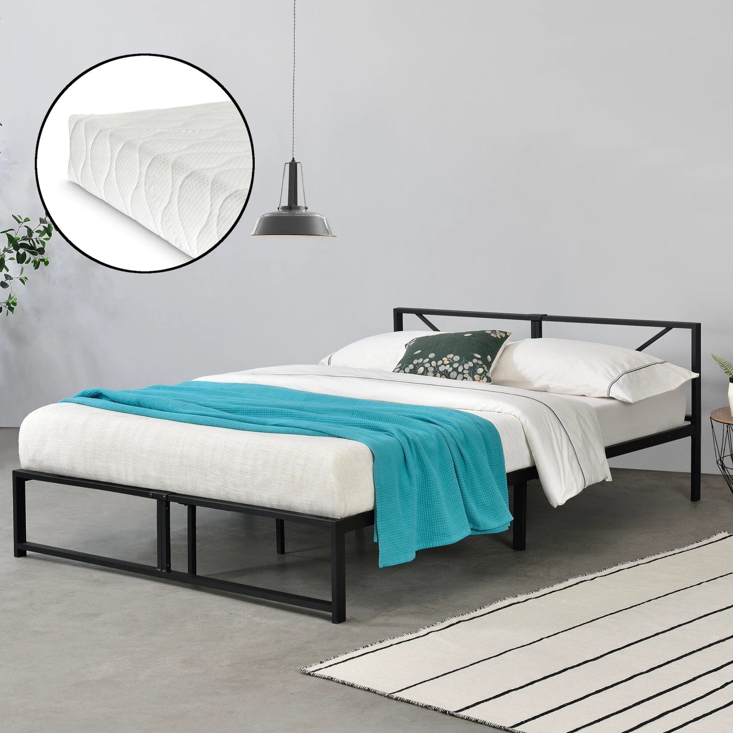 In And OutdoorMatch Metalen Bed Danika - Bedframe - Met Matras - Zwart - 140x200 cm - Minimalistisch Design Eén persoon slapen