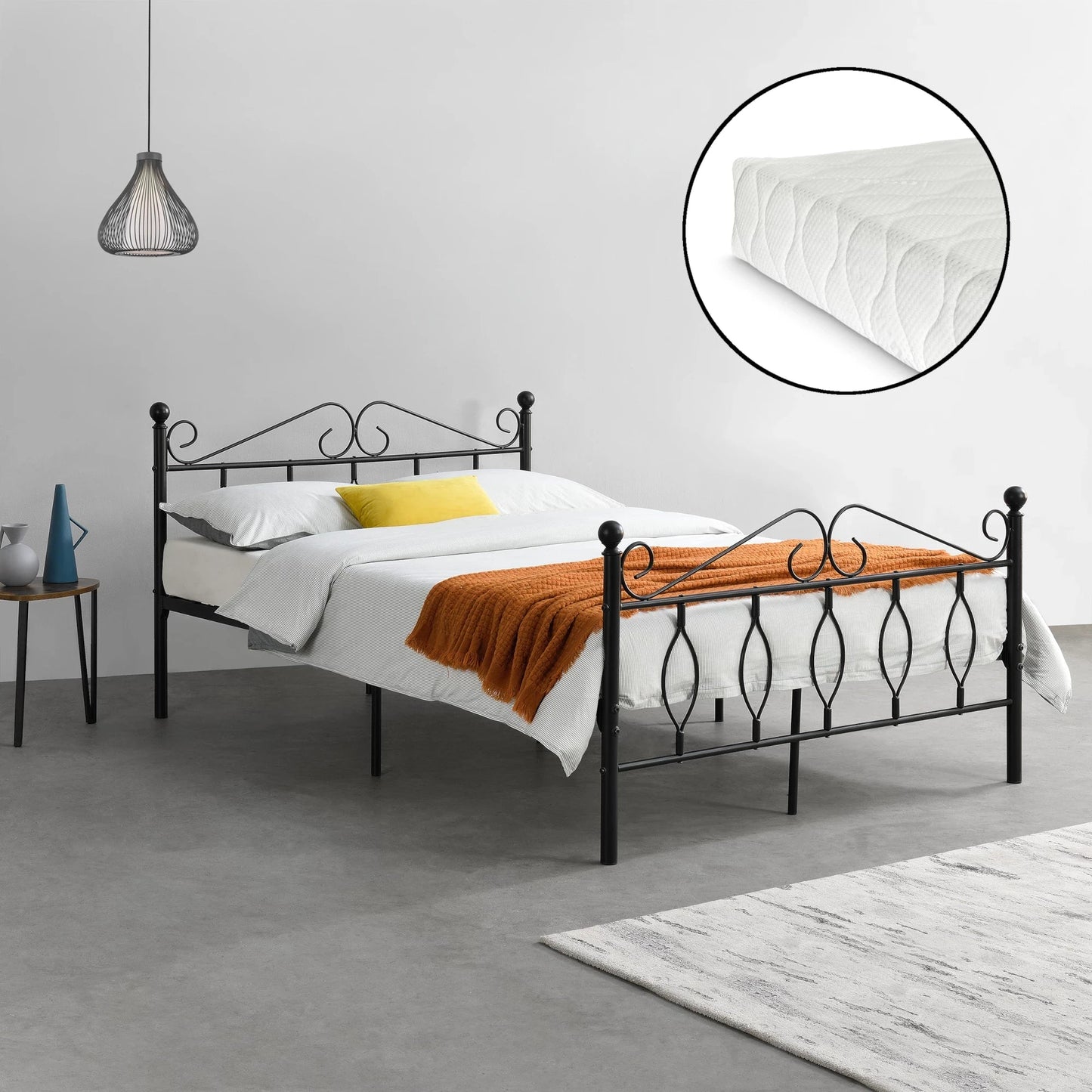 In And OutdoorMatch Metalen Bedframe Margarett - Staal - Met Matras - Zwart - 140x200 cm - Gemaakt in de EU - Staal en Koudschuim Eén persoon slapen