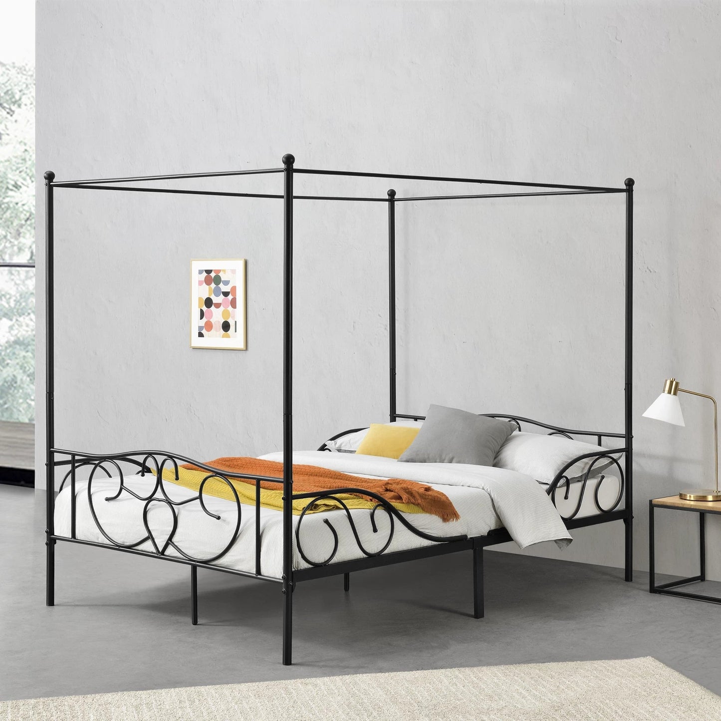 In And OutdoorMatch Metalen Hemelbed Ahmed - Met Bedbodem - 140x200 cm - Zwart - Staal Gepoedercoat - Minimalistisch Design bed twee personen