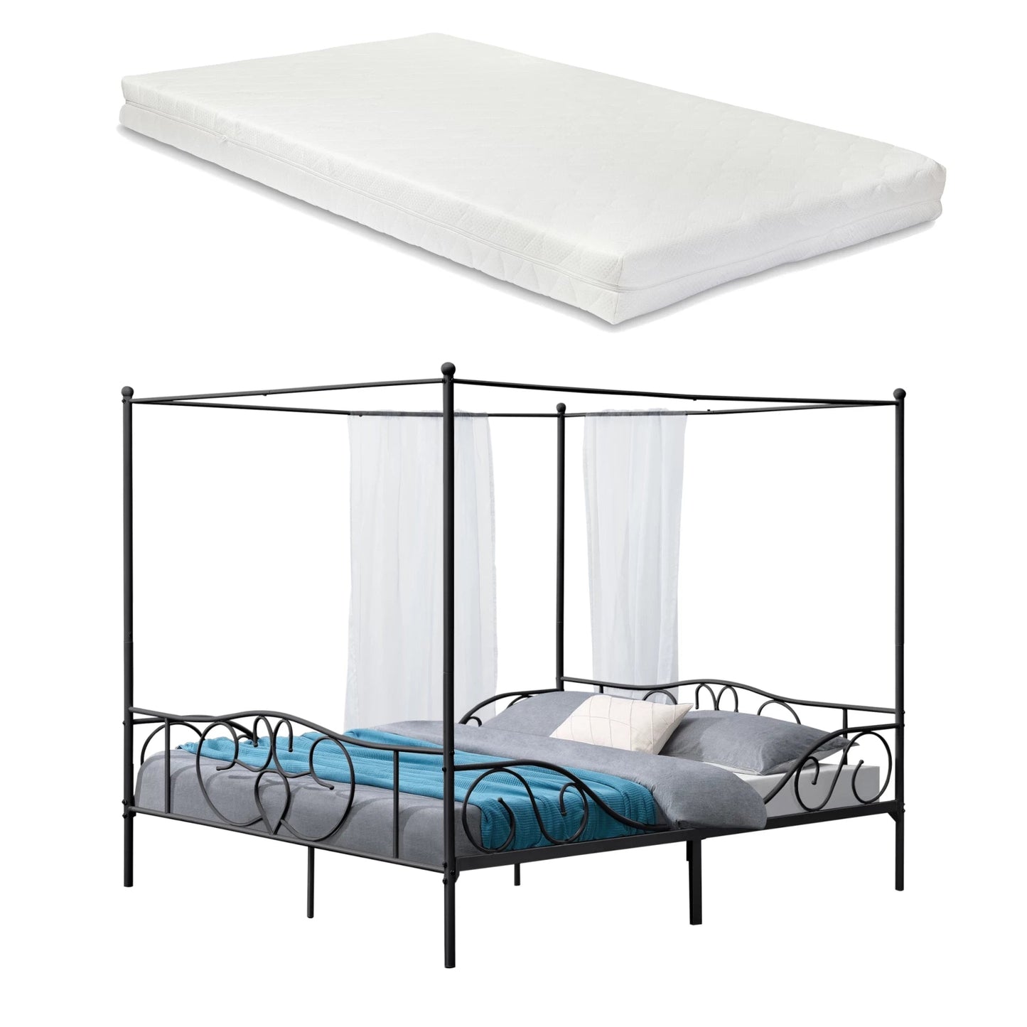 In And OutdoorMatch Metalen Hemelbed Ruben - Met Bedbodem en Matras - 180x200 cm - Zwart - Stabiel Frame - Minimalistisch Design bed twee personen