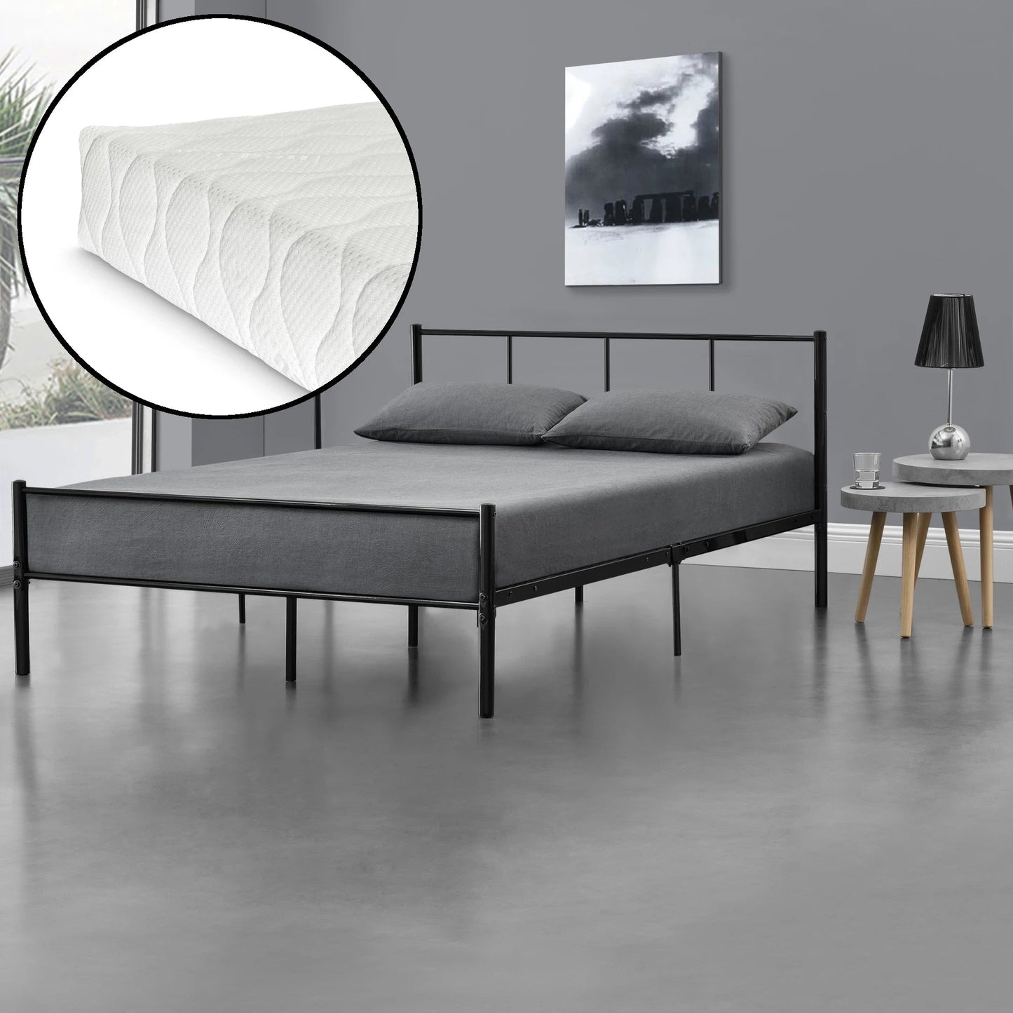 In And OutdoorMatch Metalen bedframe Kira - incl. Matras - Zwart - 140x200 cm - Stalen frame gepoedercoat en koudschuim bed twee personen