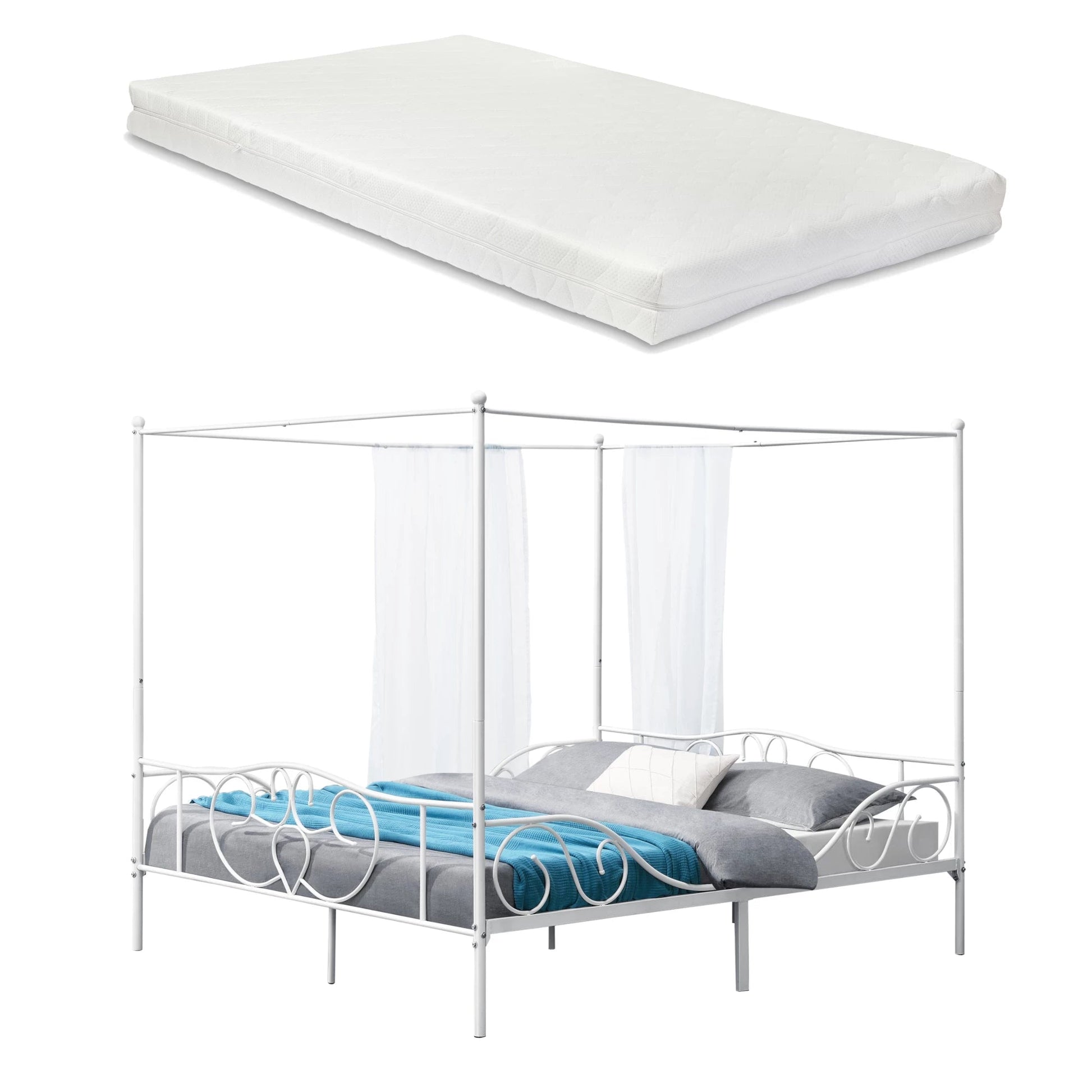 In And OutdoorMatch Metalen hemelbed Aiyana - met bedbodem en matras - 180x200 cm - wit - stabiel frame - minimalistisch design bed twee personen