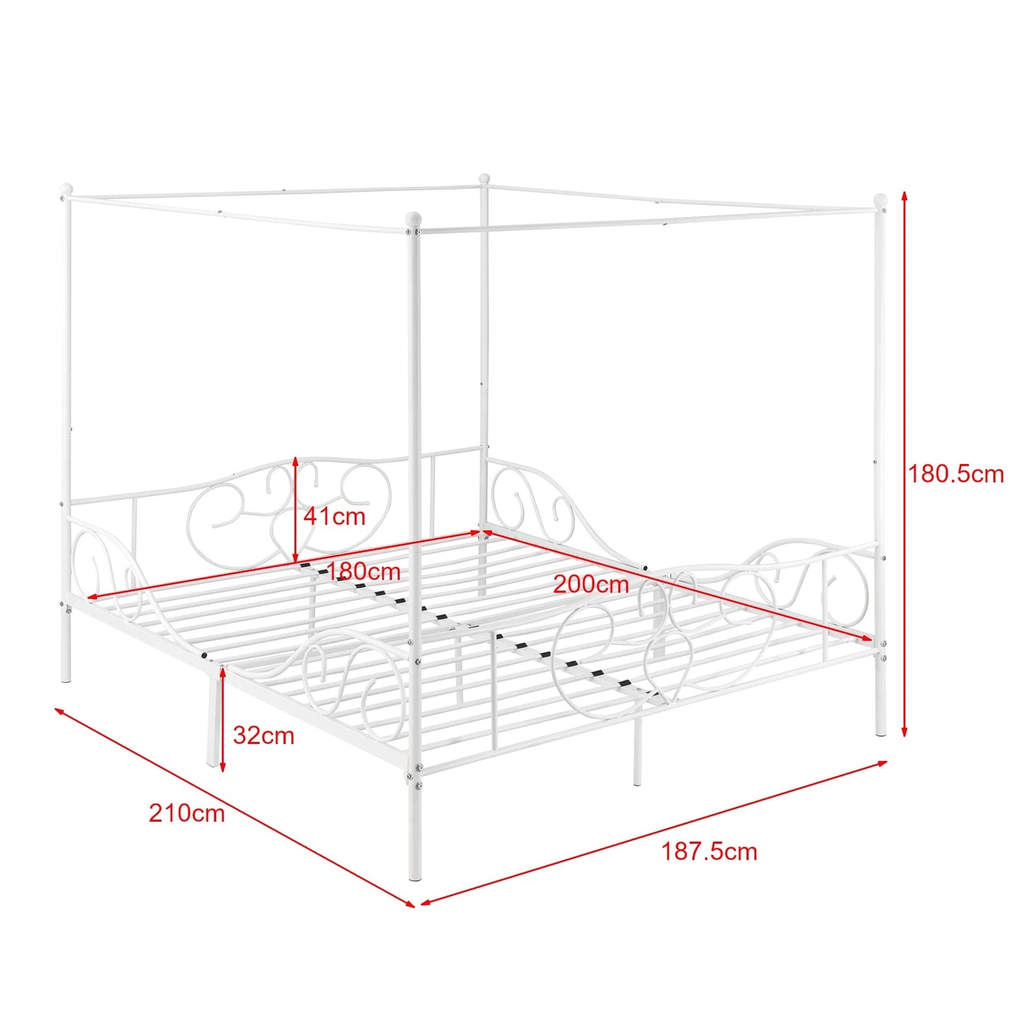 In And OutdoorMatch Metalen hemelbed Aiyana - met bedbodem en matras - 180x200 cm - wit - stabiel frame - minimalistisch design bed twee personen