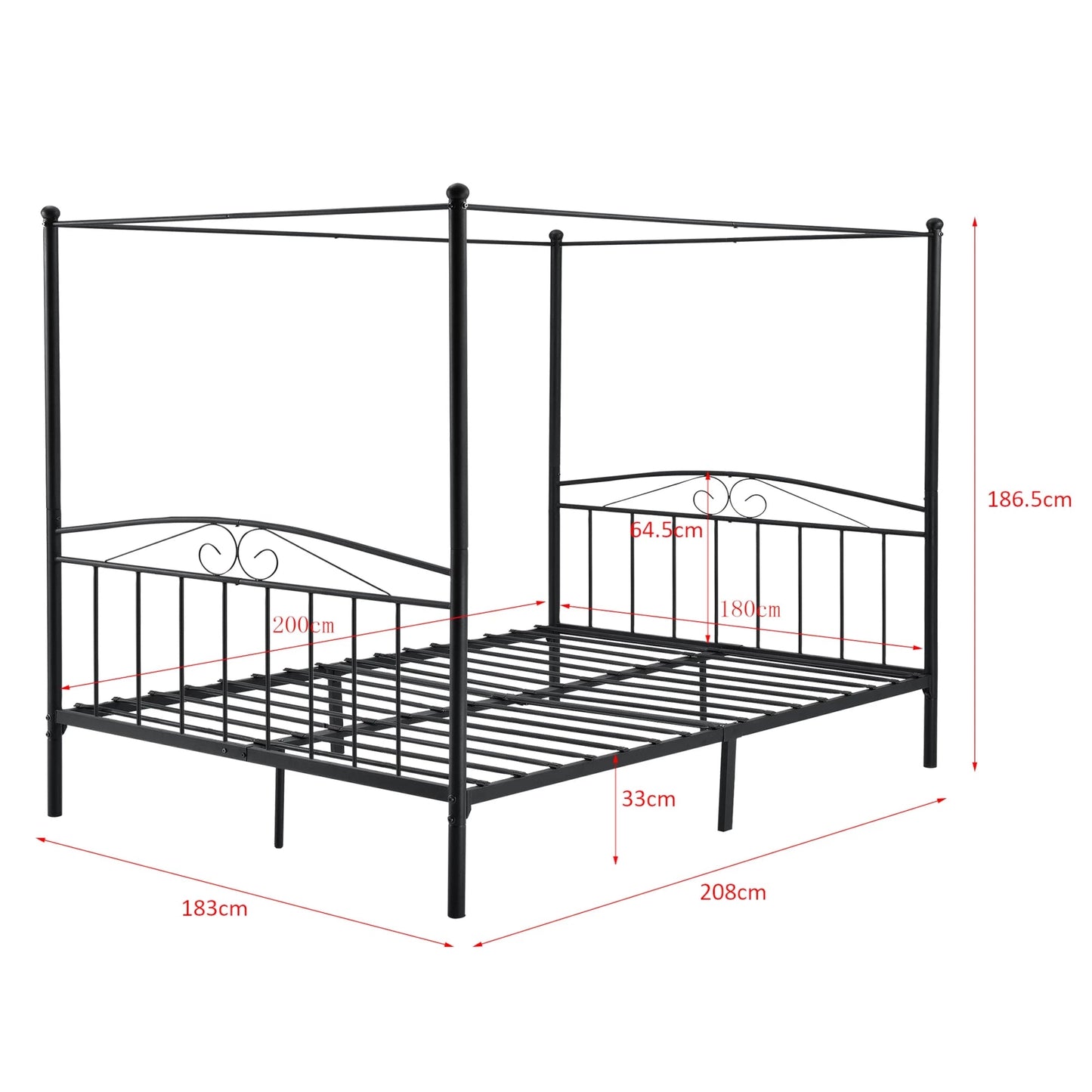 In And OutdoorMatch Metalen hemelbed Jetty - Zwart - Met bedbodem - 180x200 cm - Modern design bed twee personen