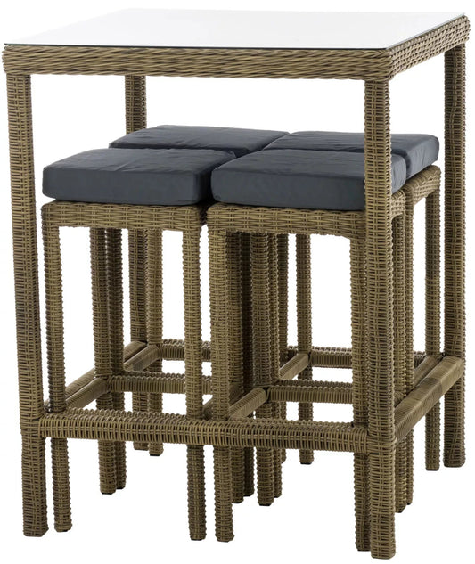 In And OutdoorMatch Moderne Bartafel met stoelen Louisa - Grijs beige - Tuinmeubelen - Rotan - Set van 4 barkrukken - Tuinbar - Binnen en buiten - Weerbestendig - 4 personen Garden set