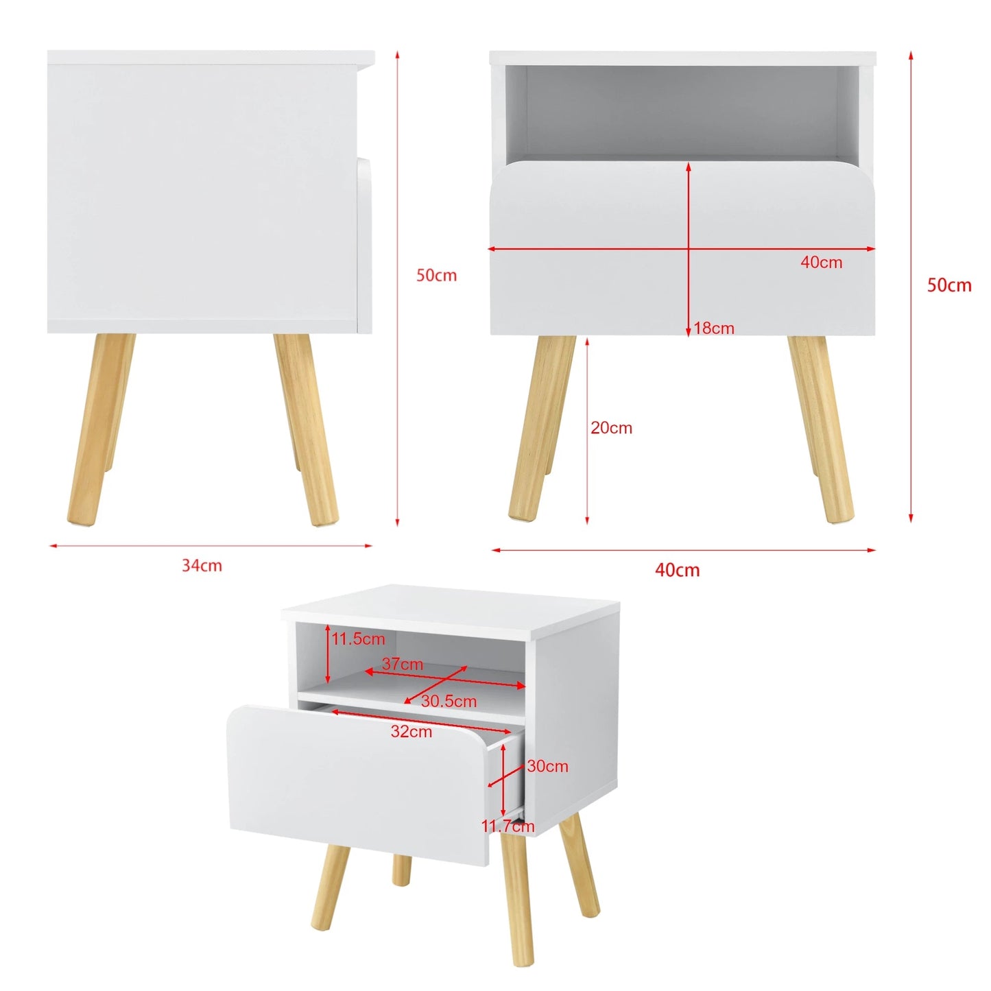 In And OutdoorMatch Nachtkastje Sallie - Met Lade - 50x40x34 cm - Wit en Hout - Spaanplaat en Grenen - Modern Design Kast