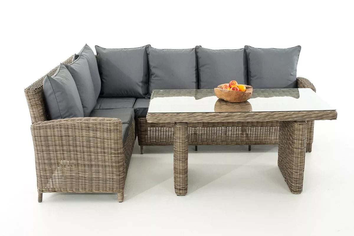 In And OutdoorMatch Premium Tuinset Alvarez - Glazen tafel rotan wicker - Tuinmeubelen - Eettafel - Loungeset - Buitentafel - Salontafel - ijzergrijs - 7 personen Garden set