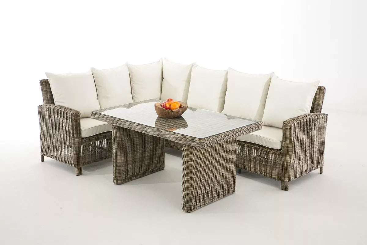 In And OutdoorMatch Premium Tuinset Louis - Glazen tafel rotan riet - Tuinmeubelen - Eettafel - Loungeset - Buitentafel - Salontafel - Crème Wit - 7 personen Garden set