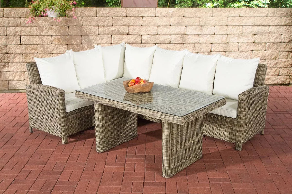 In And OutdoorMatch Premium Tuinset Louis - Glazen tafel rotan riet - Tuinmeubelen - Eettafel - Loungeset - Buitentafel - Salontafel - Crème Wit - 7 personen Garden set