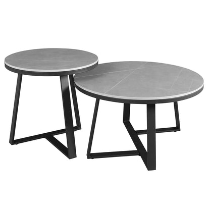 In And OutdoorMatch Salontafel Deluxe Derby - Rond - Set van 2 - Grijs - Marmerlook - Gesinterde steen - Bijzettafel Koffietafel