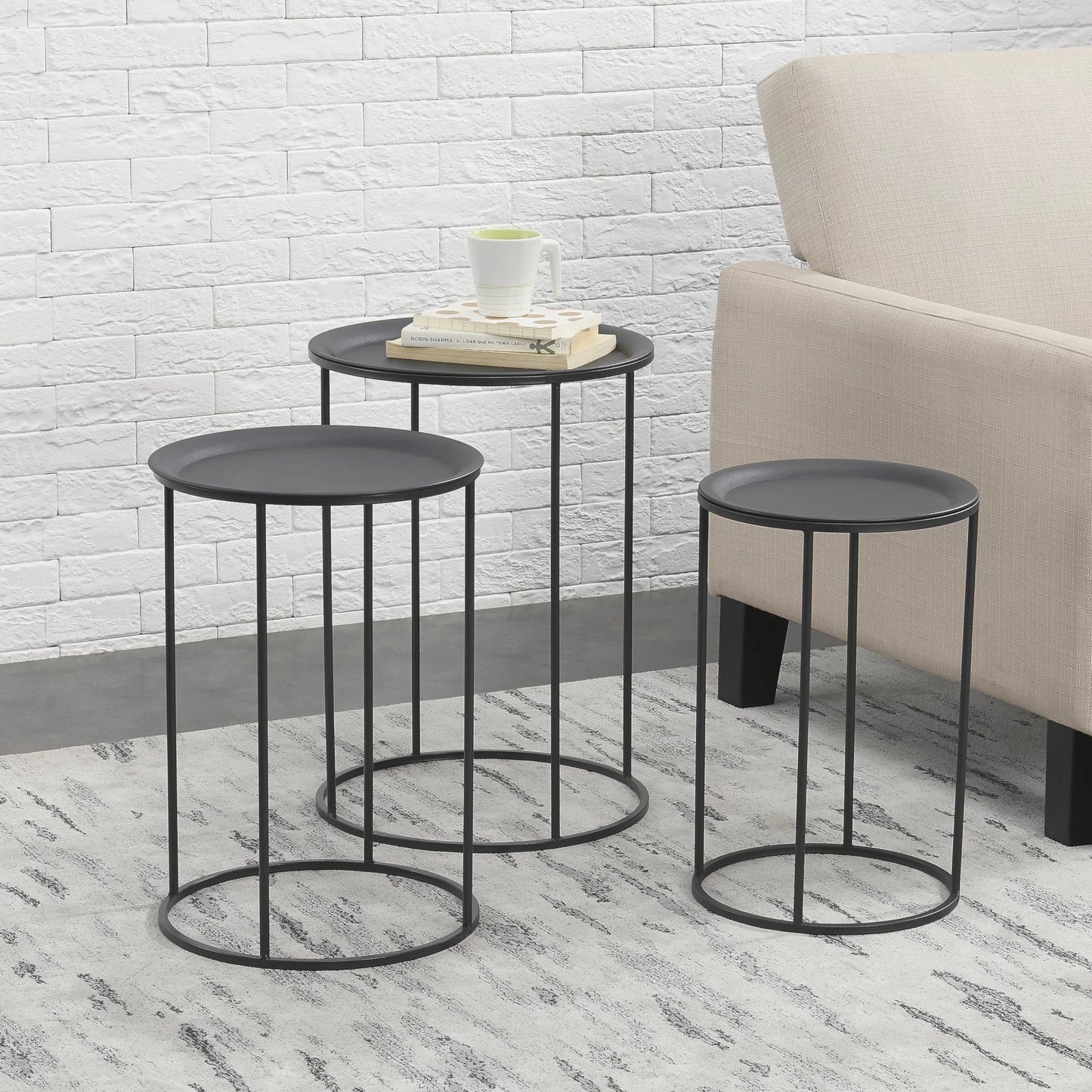 In And OutdoorMatch Salontafel Garett - Rond - Set van 3 - Zwart - 45xØ30 - 50xØ35 - 55xØ40 cm - Metaal - Modern Design Bijzetttafel