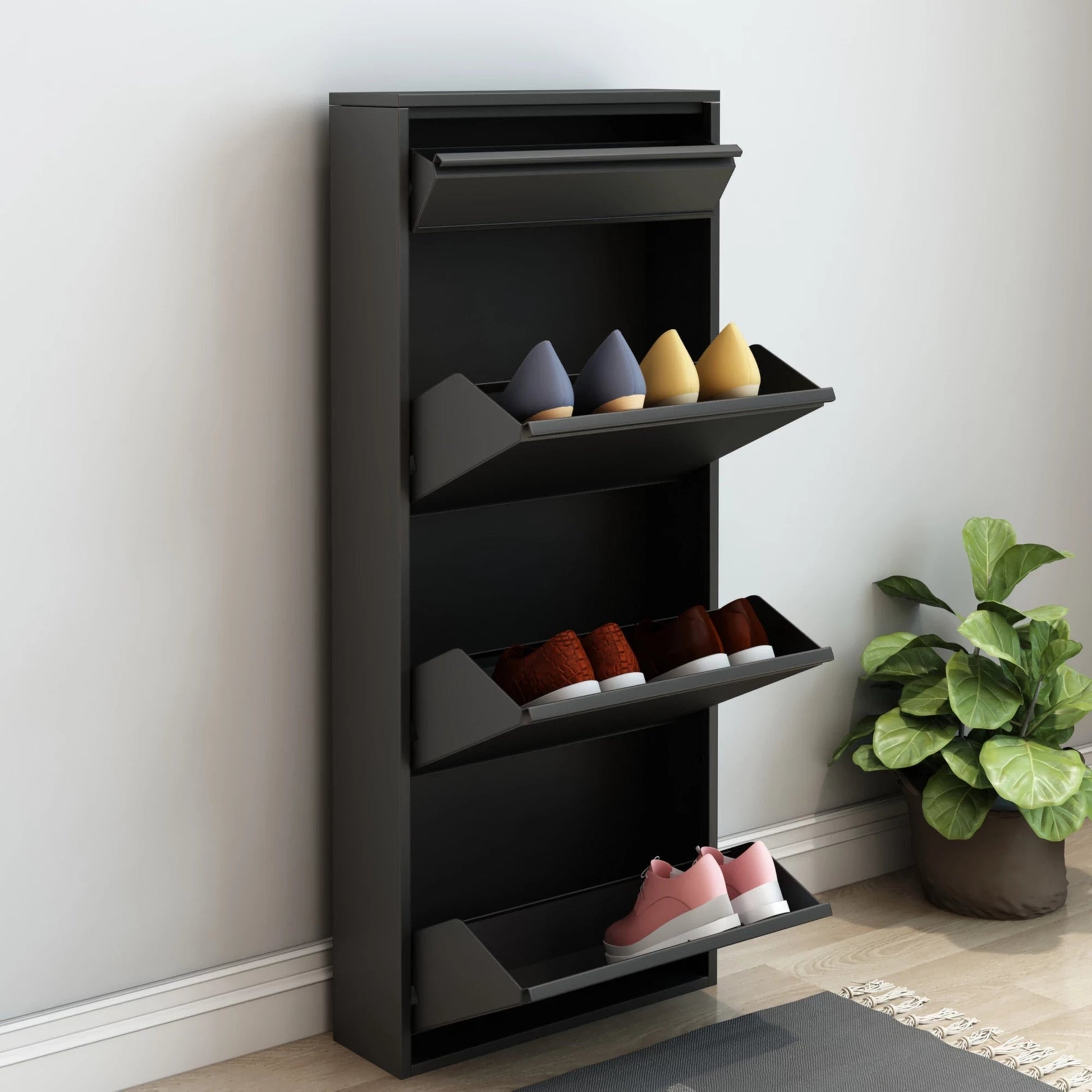 In And OutdoorMatch Schoenenkast Landro - Met 4 Vouwdeuren - Zwart - Metaal - Ruimtebesparend shoe rack