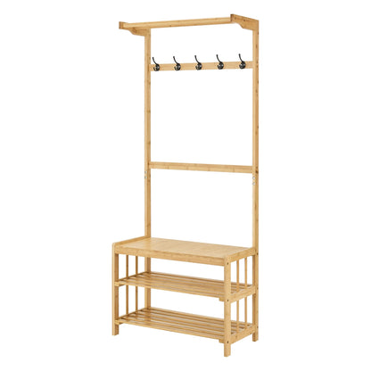 In And OutdoorMatch Schoenenrek Arnoldo - Met Bamboe - Kapstok - 168x70x35 cm - Houtkleurig - Met Zitting - Milieuvriendelijk Materiaal shoe rack