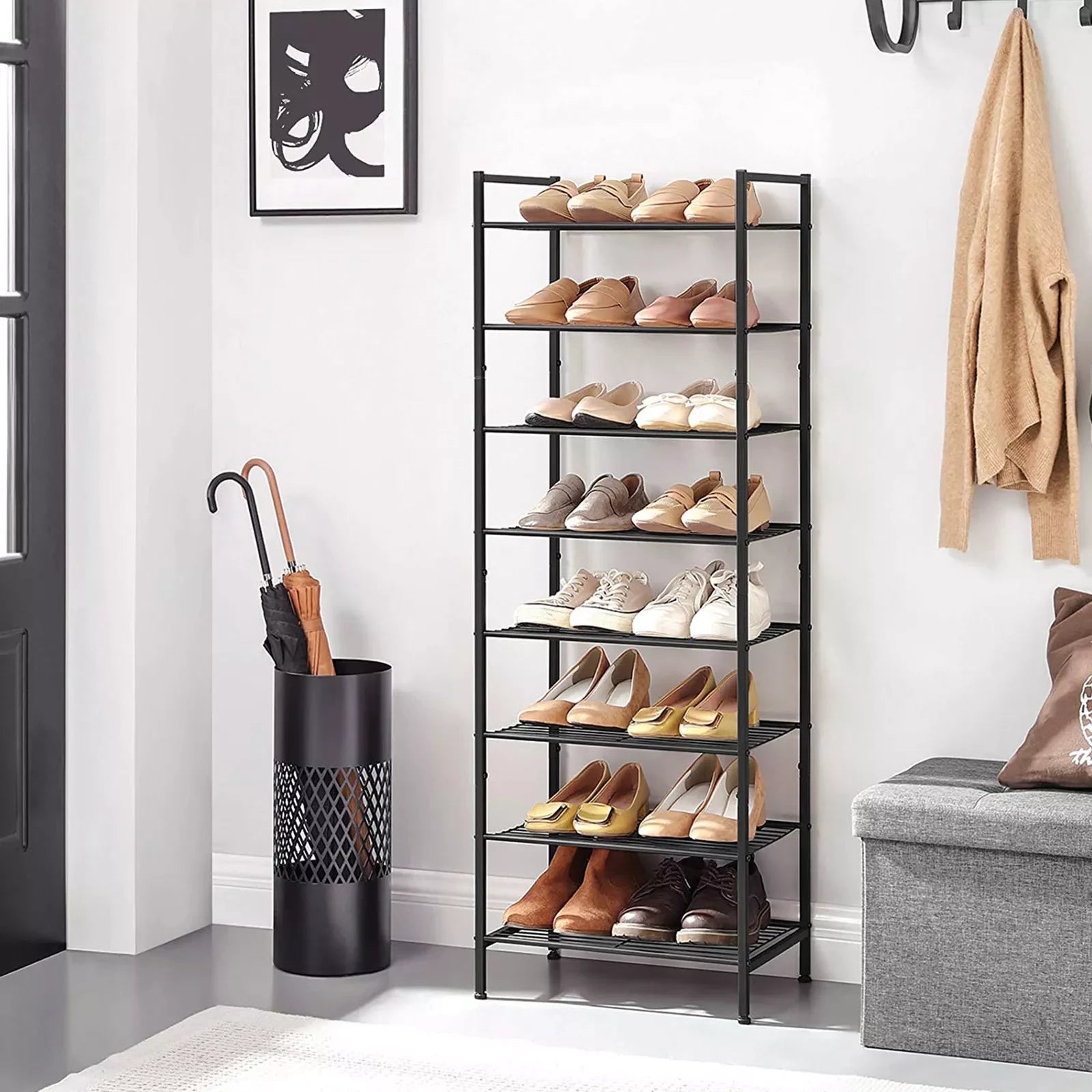 In And OutdoorMatch Schoenenrek Domenic - Met 8 Lagen - Smal - Voor 16-24 paar Schoenen - Space Savin - Veel Opbergruimte - Metalen Rek - 44.6x30.5x128.5cm - Zwart shoe rack