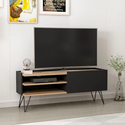 In And OutdoorMatch TV Kast Audra - 124x37x50 cm - Zwart en Houtkleurig - Spaanplaat en Metaal - Stijlvol Design TV cabinet