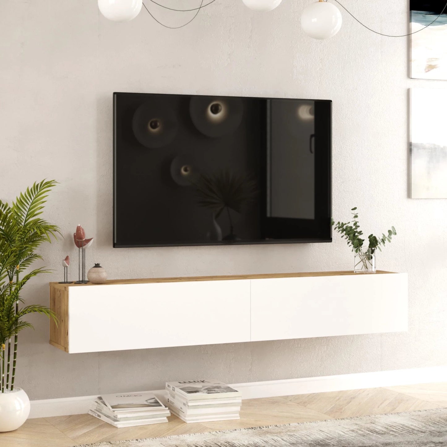 In And OutdoorMatch TV Kast Lia - TV Meubel - TV meubel - 180x31,5x29,5cm - Houtkleurig en Wit - Spaanplaat - Sierkast TV-meubel