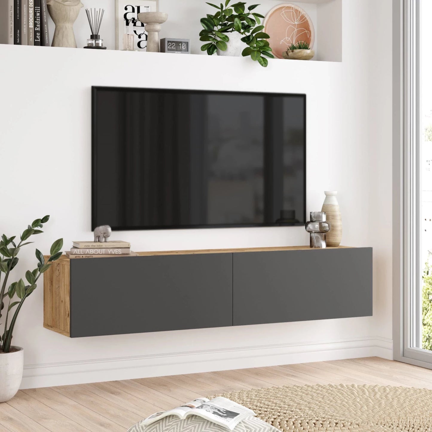 In And OutdoorMatch TV Kast Zena - TV Meubel - TV meubel - 140x31,5x29,5cm - Houtkleurig en Antraciet - Spaanplaat - Sierkast TV-meubel