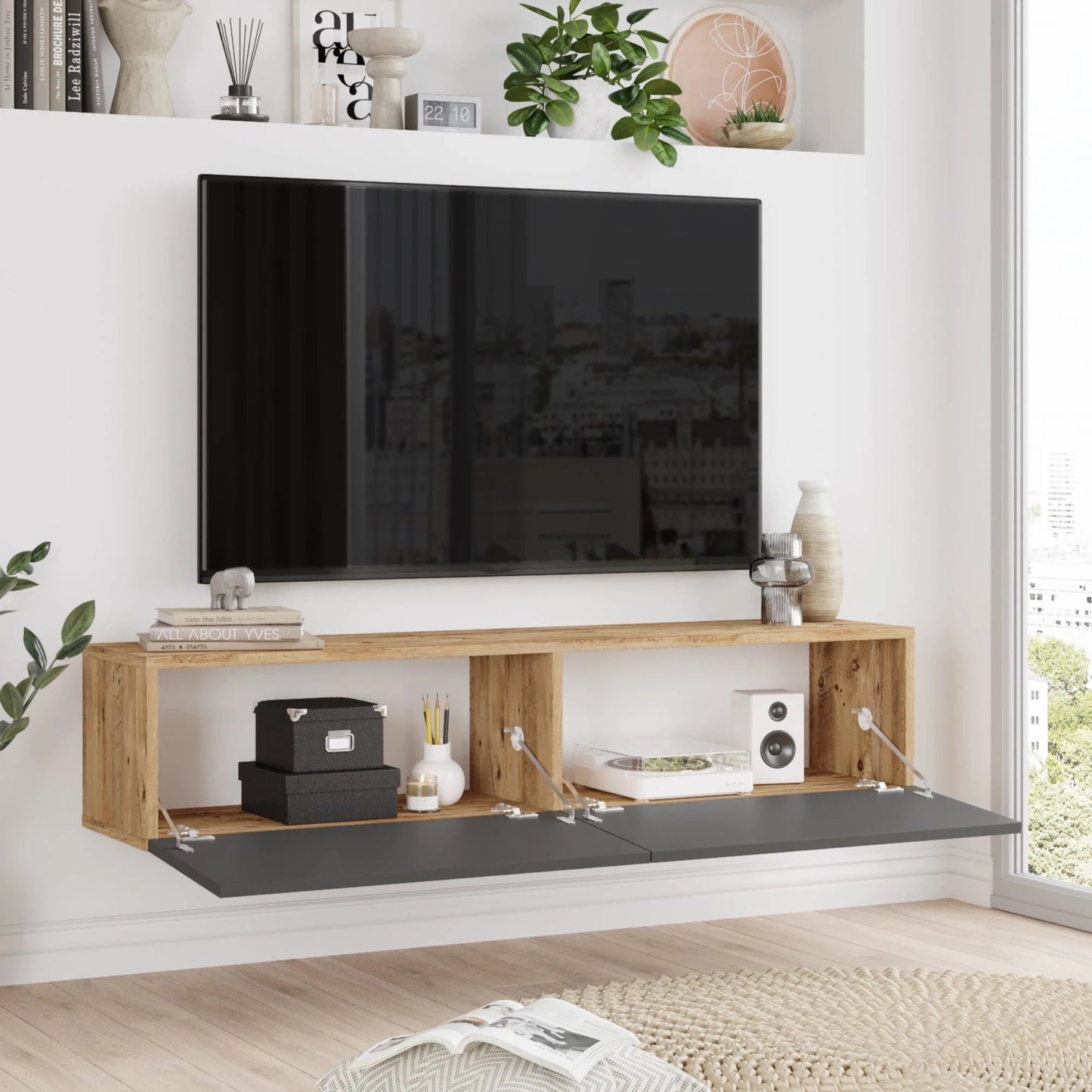 In And OutdoorMatch TV Kast Zena - TV Meubel - TV meubel - 140x31,5x29,5cm - Houtkleurig en Antraciet - Spaanplaat - Sierkast TV-meubel