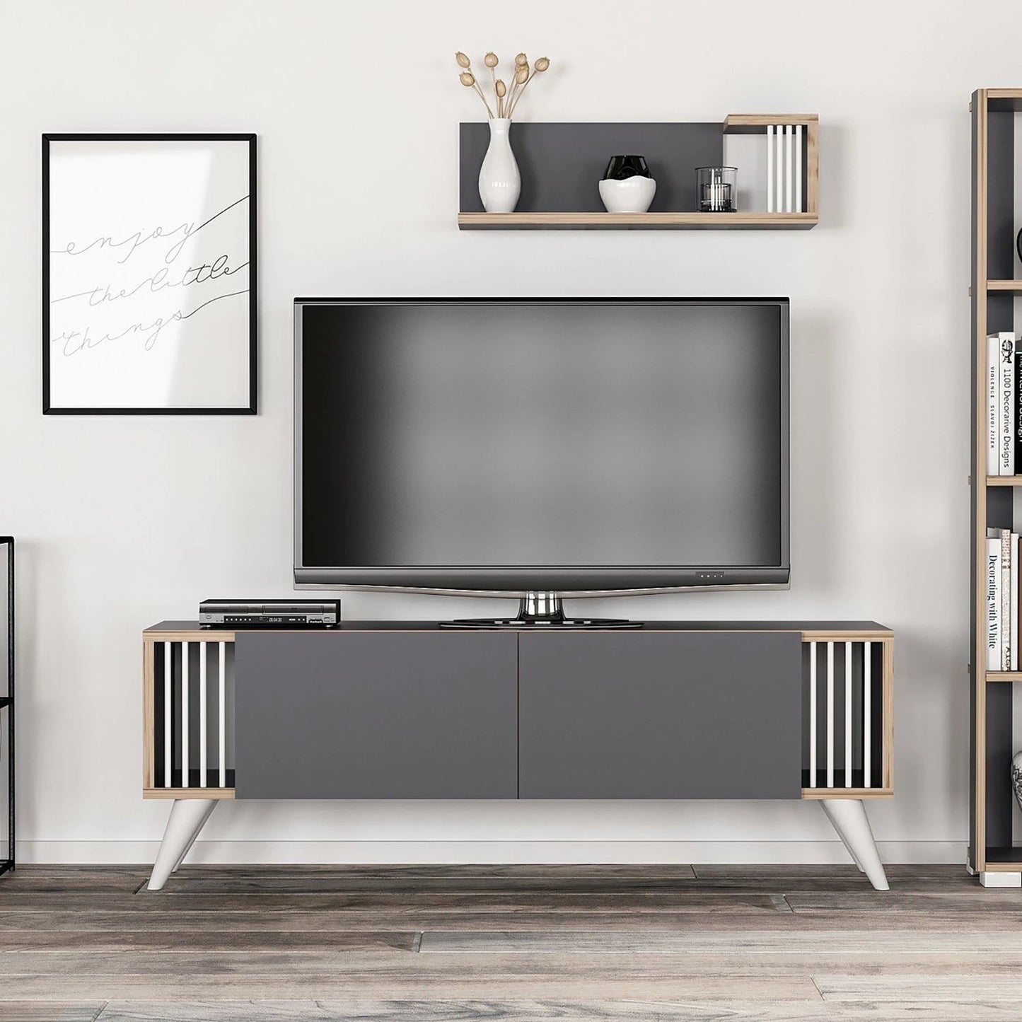 In And OutdoorMatch TV Meubel Merlin - Met Plank - 120x31x42 cm - Antraciet en Houtkleurig - Spaanplaat en Kunststof - Stijlvol Design TV cabinet