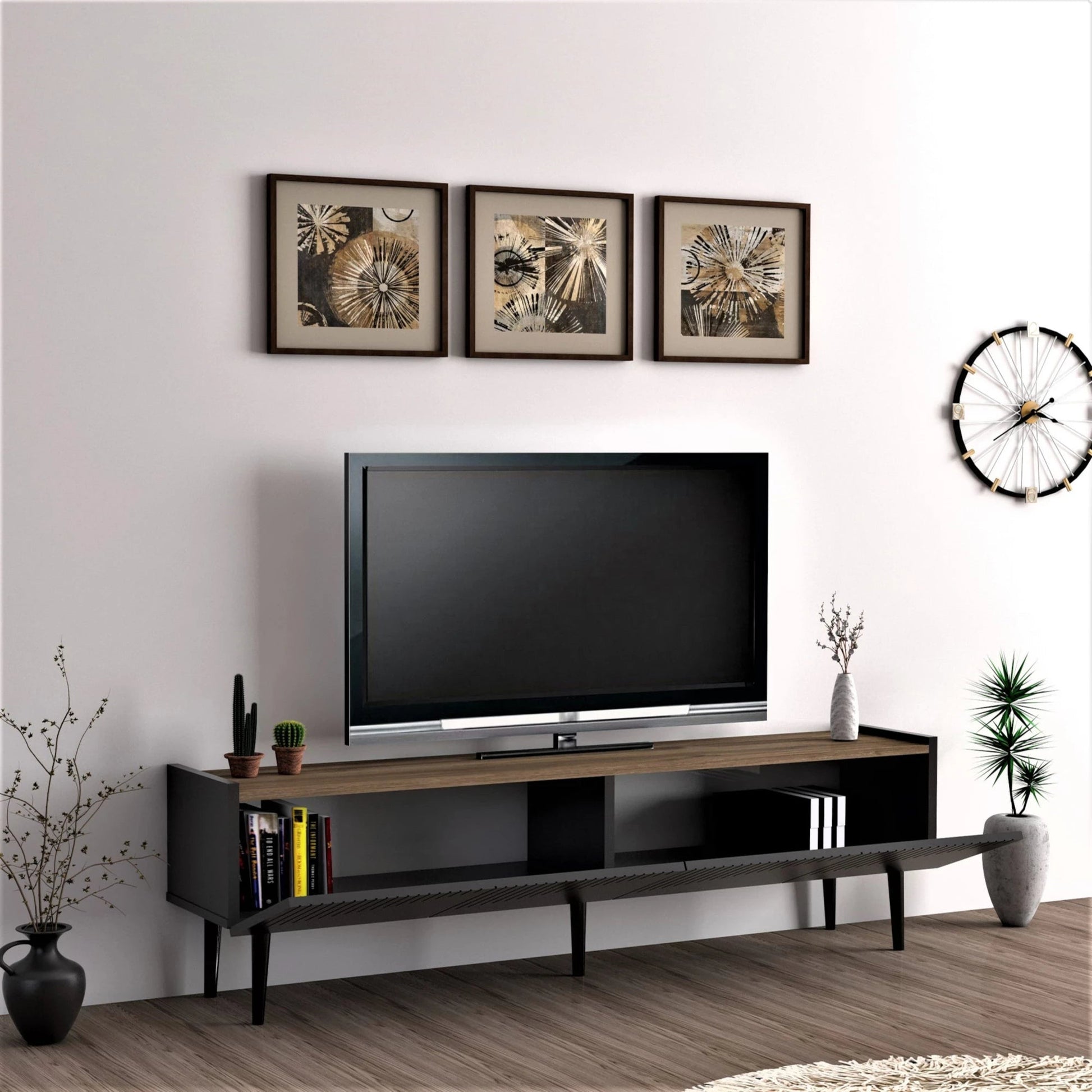 In And OutdoorMatch TV meubel Karlo - TV meubel - 45x154x37 cm - Kleur Antraciet en Walnoot - Spaanplaat - Kunststof - Decoratief Design TV-meubel