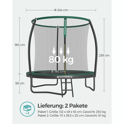 In And OutdoorMatch Trampoline Jordi - 244 cm groen - met veiligheidsnet & ladder - tot 80 kg belasting Trampoline