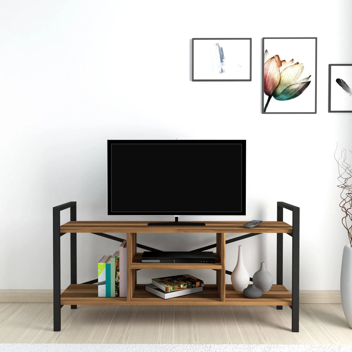 In And OutdoorMatch Tv-meubel Veno - Tv-meubel - Tv-meubel - 61x120x35 cm - Walnootkleurig - Spaanplaat en Metaal - Met Plank TV-meubel