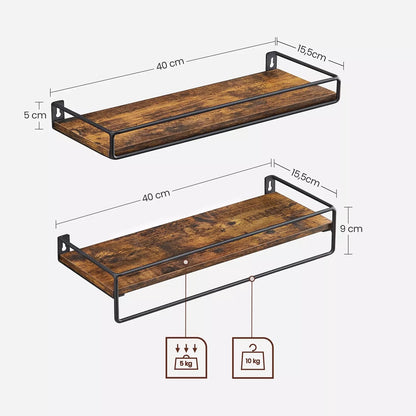 In And OutdoorMatch Wandplank Shaniya - Set van 2 - Zwevend - Wandrek - Wandplank - Boekenplank - Fotoplank - Bruin - 40x15cm Wandplank