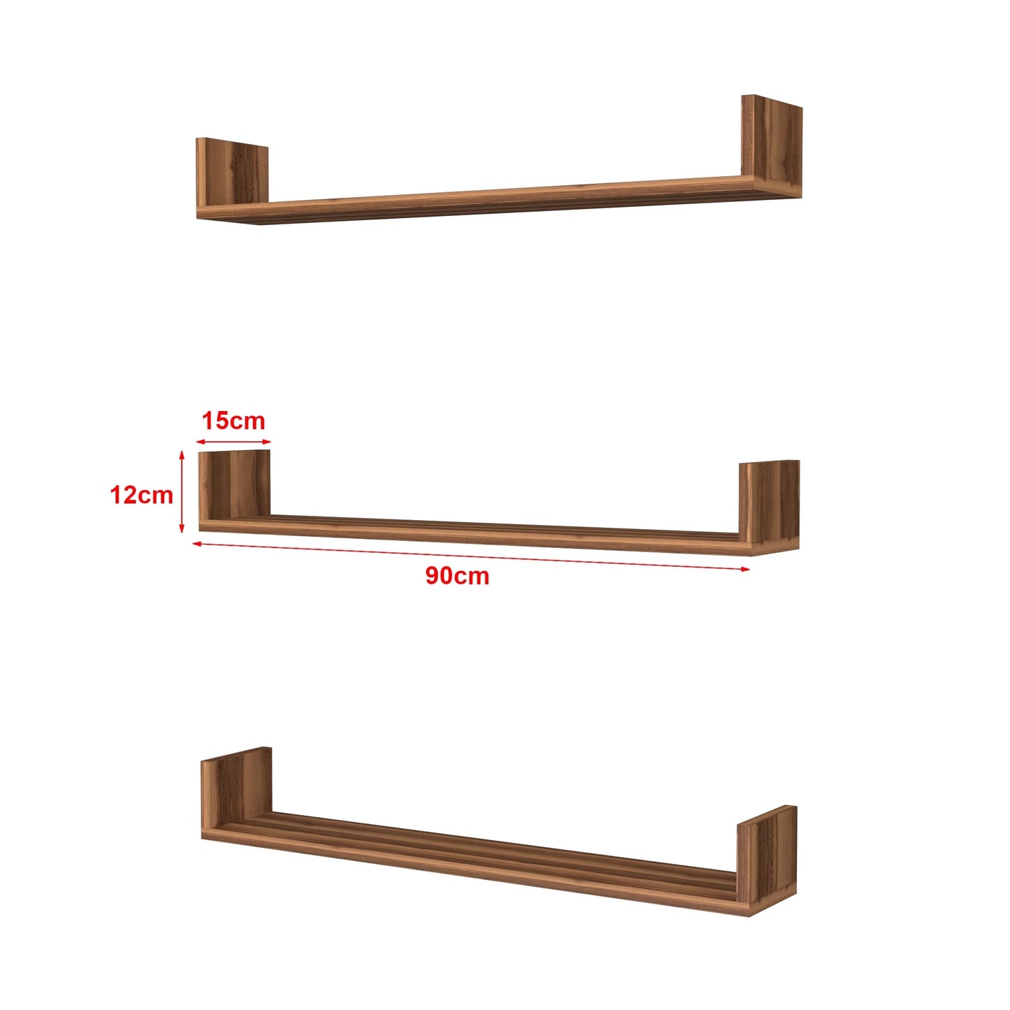 In And OutdoorMatch Wandplank Wiley - Set van 3 - 12x90x15 cm - Walnootkleurig - Spaanplaat - Modern Design Wandplank