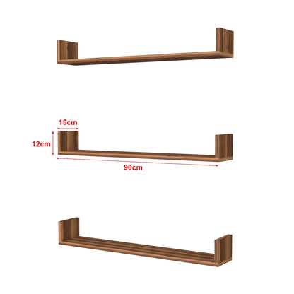 In And OutdoorMatch Wandplank Wiley - Set van 3 - 12x90x15 cm - Walnootkleurig - Spaanplaat - Modern Design Wandplank