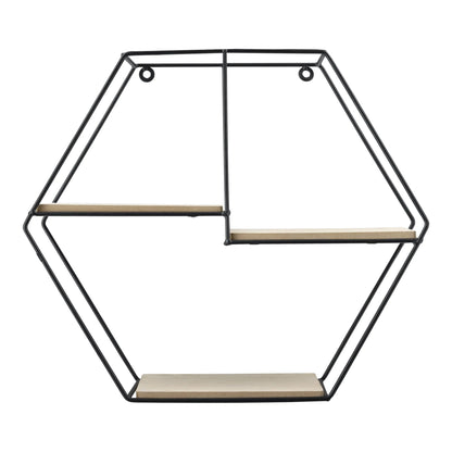 In And OutdoorMatch Wandrek Jean - Hexagon - Zwart en Hout - 40x12x35 cm - Metaal en Hout - Modern Design Wandplank