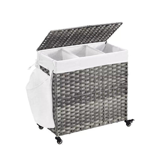 In And OutdoorMatch Wasmand Jovan - Handgeweven - Wasmand - 140 L - Gemaakt van Polyrattan - met 3 Vakken - Uitneembare Waszak - Deksel - Handvatten - voor Woonkamer - Badkamer - 66x33x60cm - Grijs Wasmand