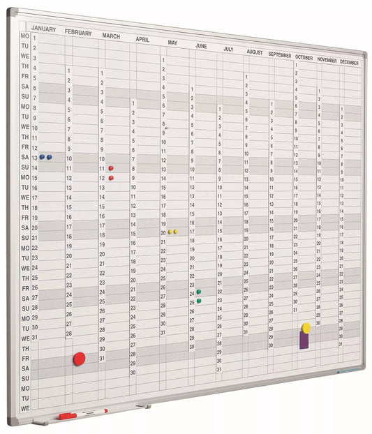 Whiteboard PRO Mcbride - Emaille staal - Weekplanner - Maandplanner - Jaarplanner - Magnetisch - Wit - incl. maand/dag/nummerstroken - Engels - 60x90cm Planbord